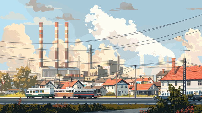 Industrial landscape juxtaposed with a residential area.It features a gas and electric factory with multiple smokestacks emitting vapor or smoke, suggesting industrial activity.