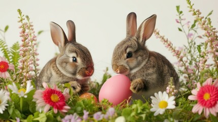two rabbits sitting next to each other in a field of flowers with an and a pink.