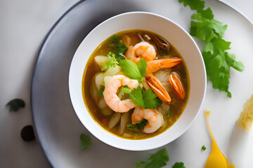 Tom yum soup with shrimps and noodles in a bowl