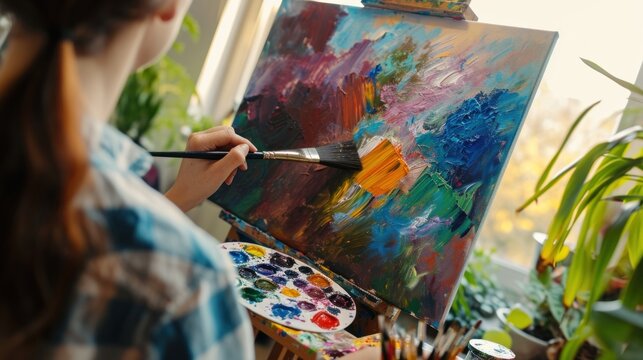Artist painting in a studio, canvas obscuring the face, vibrant colors on the palette, natural light from a window, creative and artistic atmosphere.