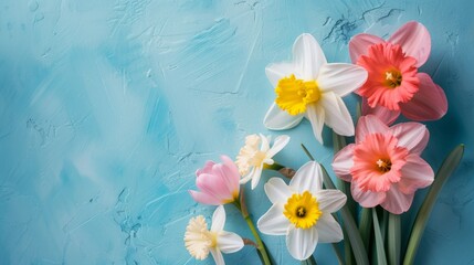Pink Daffodils Tulips with Blue Table Top Background in the Style of Bright Light Gray and Azure created with Generative AI Technology