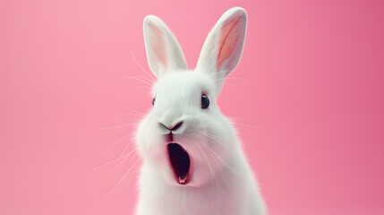 Obraz premium Astonished White Rabbit Expressing Surprise Against a Vibrant Pink Background