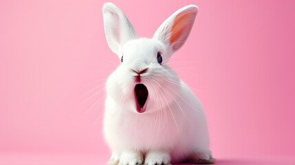 Fototapeta premium Astonished White Rabbit Expressing Surprise Against a Vibrant Pink Background