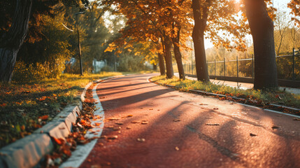 Red asphalt cycling lane, bike path in autumn park with fallen leaves at sunset, concept of eco-friendly urban transportation - obrazy, fototapety, plakaty