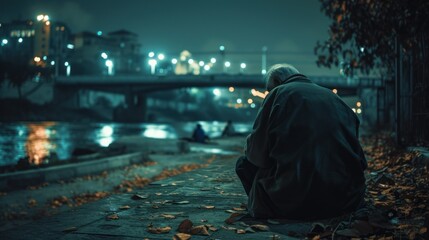 Homeless person in dark dirty clothes looking at tall buildings of a modern city by a river in the background.