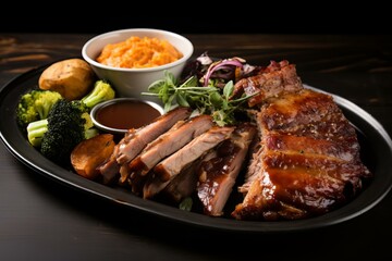 Flavorful Pork bbq plate. Sauce cooked lamb. Generate Ai