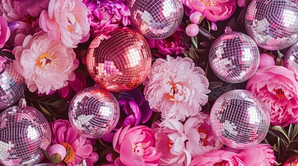 disco balls and peonies pattern, festive background