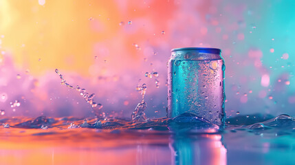 cold colorful metallic soda can in splashing water and with drops of condensate, fresh drink in liquid, advertising mock-up - obrazy, fototapety, plakaty