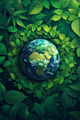 Earth globe with green leaves and plants in nature. Environment and conservation concept. International Mother Earth Day. Environmental problems and protection. Caring for nature
