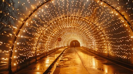 Beautiful bright fireworks. Golden tunnel.