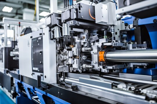 A Detailed View of a High-Precision Injection Molding Machine in an Industrial Setting, Designed for the Production of Complex Plastic Parts