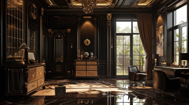 a room with a marble floor and a chandelier hanging from the ceiling and a desk with a chair in front of it.