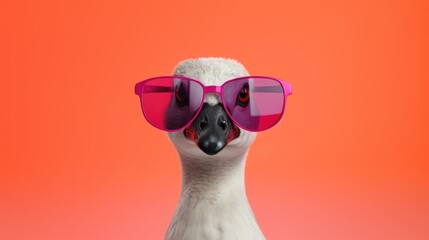 Creative animal concept. Goose bird in sunglass shade glasses isolated on solid pastel background,...