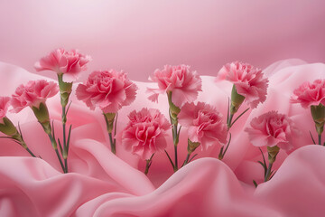 Elegant Carnations Resting on Silken Waves: A Serene Display of Pink Blooms on Soft Fabric