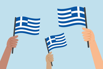 Obraz premium Diverse hands raising flags of Greece. Vector illustration of Greek flags in flat style on blue background.