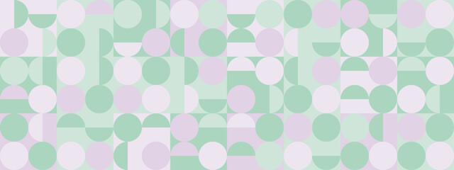 Seamless trendy green and lavender background with circles and squares for textiles or covers. Mosaic with purple and pistachio geometric shapes texture, template for web intro.