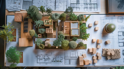 Urban greening project featuring geometric building layouts intertwined with green spaces.
