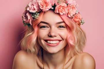 Girl with flowers on her head isolated on pink background in studio. March 8, International Women's Day concept. Floral arrangement. Creative hairstyle