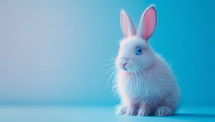 Obraz premium Cute cartoon Easter gray bunny isolated on blue background with copy space