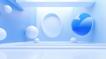 a blue and white room with a toilet and a blue ball in the middle of the room and some white balls in the middle of the room.
