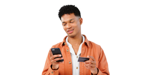 Phone, e commerce and man with credit card, unhappy and.isolated, transparent png and online shopping background. Person, payment and upset for purchase on website app as customer with money