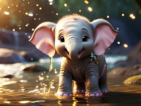 Cute baby cartoon elephant playing with the water , cute animal pictures, Cute baby animal wallpaper, Cute baby animals for kid's room wall art, wall decoration arts for kid's room