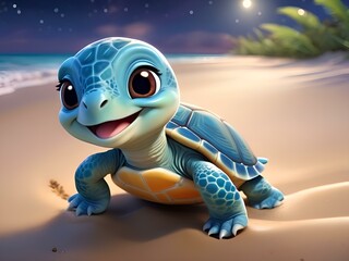 Sweet Baby Turtle in Sandy Night, Beautiful baby turtle in the beach, cute baby animals for kid's room decoration, Kid's wall art, Cute beautiful baby animals 