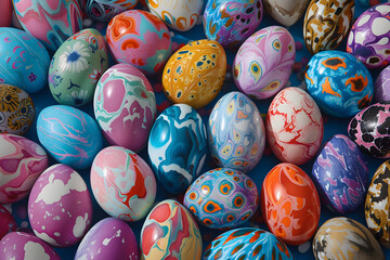Easter Celebration: A Colorful Array of Intricately Painted Eggs on a Textured Blue Surface