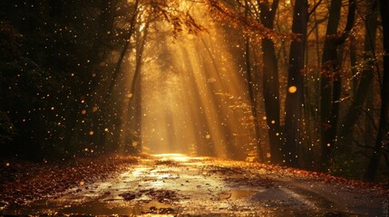 a dirt road in the middle of a forest with sunbeams shining through the trees and falling leaves on the ground.