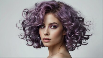 Purple haired woman with voluminous, shiny and curly flying hairstyle on plain white background from Generative AI - obrazy, fototapety, plakaty