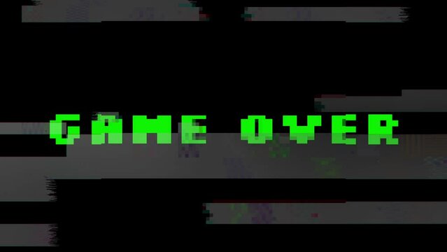 Blurry GAME OVER animation with glitch effect isolated on black background. Glitching video game screen with GAME OVER message.