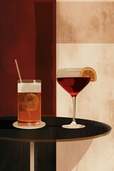Two cocktail drinks in glasses on a round table with a straw, ice and lemon, Generative AI