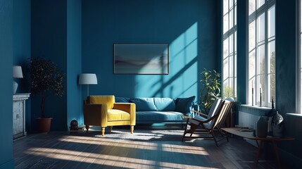 Empty Living Room with Blue Tones Wall 8K Realistic