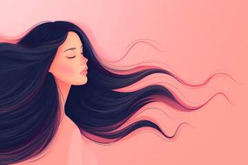 Portrait of a beautiful young woman with long black hair on pink background, Generative AI