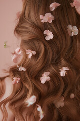 Obraz na płótnie Canvas Back view of a woman with long wavy brown hair with sakura cherry flowers, pink background, Generative AI