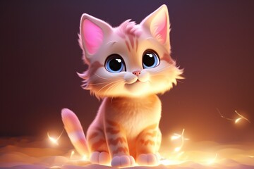 3d cute cat with dark background and fairy light smiling cat 