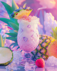 Pina colada summer cocktail with a straw, pineapple and strawberry, Generative AI