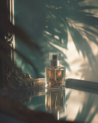 Perfume bottle on the reflective mirror surface, leaf shadow on the wall, Generative AI