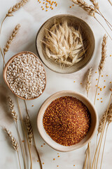 Top view of dry organic farmer products and ingredients in bowls on the table, wheat, groats, cereal, Generative AI