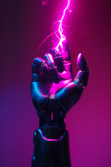 Futuristic mechanical cyborg robot android hand is touching a lighting, pink thunderbolt, Generative AI