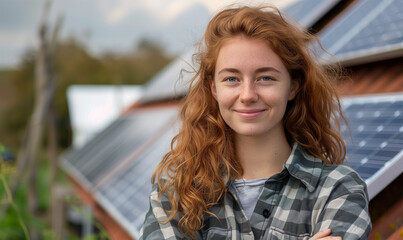 Portrait of a Redheaded Woman Standing in Front of Solar Panel Farm Promoting Renewable Energy and Sustainable Lifestyle. - obrazy, fototapety, plakaty