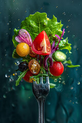 Vegetable salad with cherry tomatoes on a metal fork, isolated on blue background with water drops, Generative AI