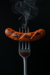 Steaming hot grilled sausage on a metal fork, isolated on black background, Generative AI