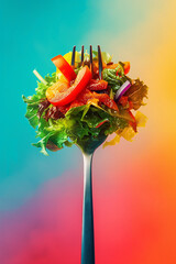 Vegetable salad with onion, tomato, salat on a metal fork, isolated on bright background, Generative AI