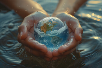 Close-up of two hands holding planet Earth ball globe in the ocean, wave splashes of sea water, ecology environmental awareness, Generative AI