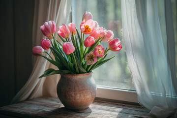 Bouquet of pink tulips in a rustic vase on a wooden windowsill next to the window with white curtains, Generative AI