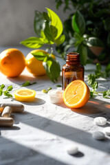 Brown glass bottle, oranges and lemon, basil leaves and vitamin pills on the white table, health background, Generative AI