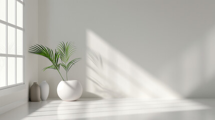 Empty minimal room background with green plant on the floor, window and shadow on the white wall, Generative AI
