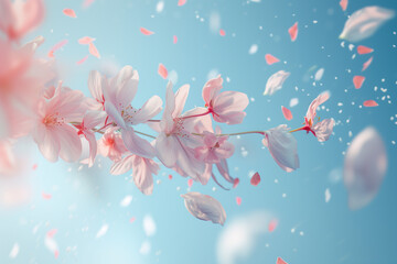 Blue spring background with sakura branch and flying petals, Generative AI
