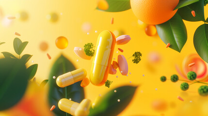 Pills, supplements and vitamins flying in the air, green leaves, bright yellow background, Generative AI - obrazy, fototapety, plakaty